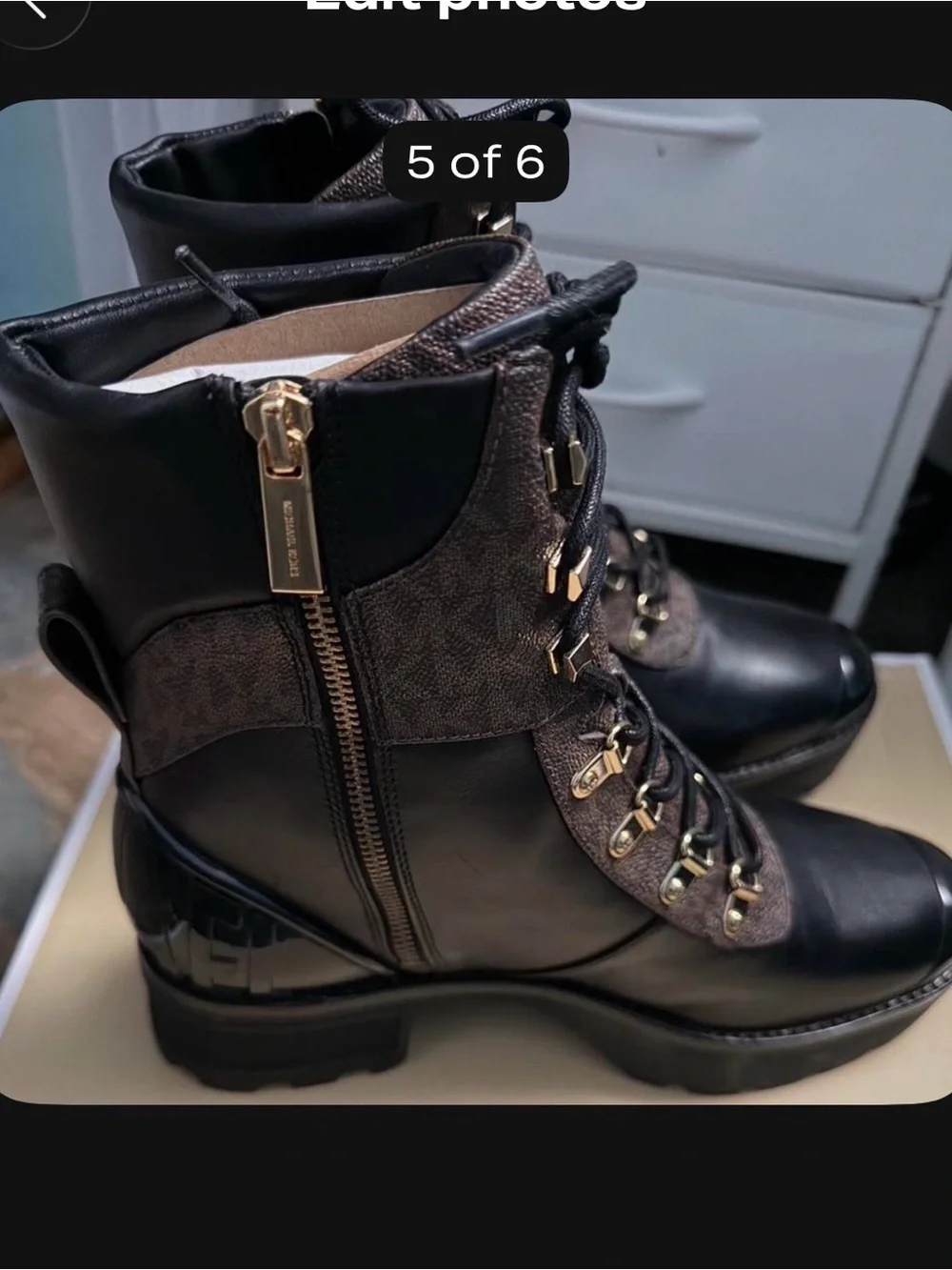 Michael Kors Black & Brown Lace-Up Combat Boots